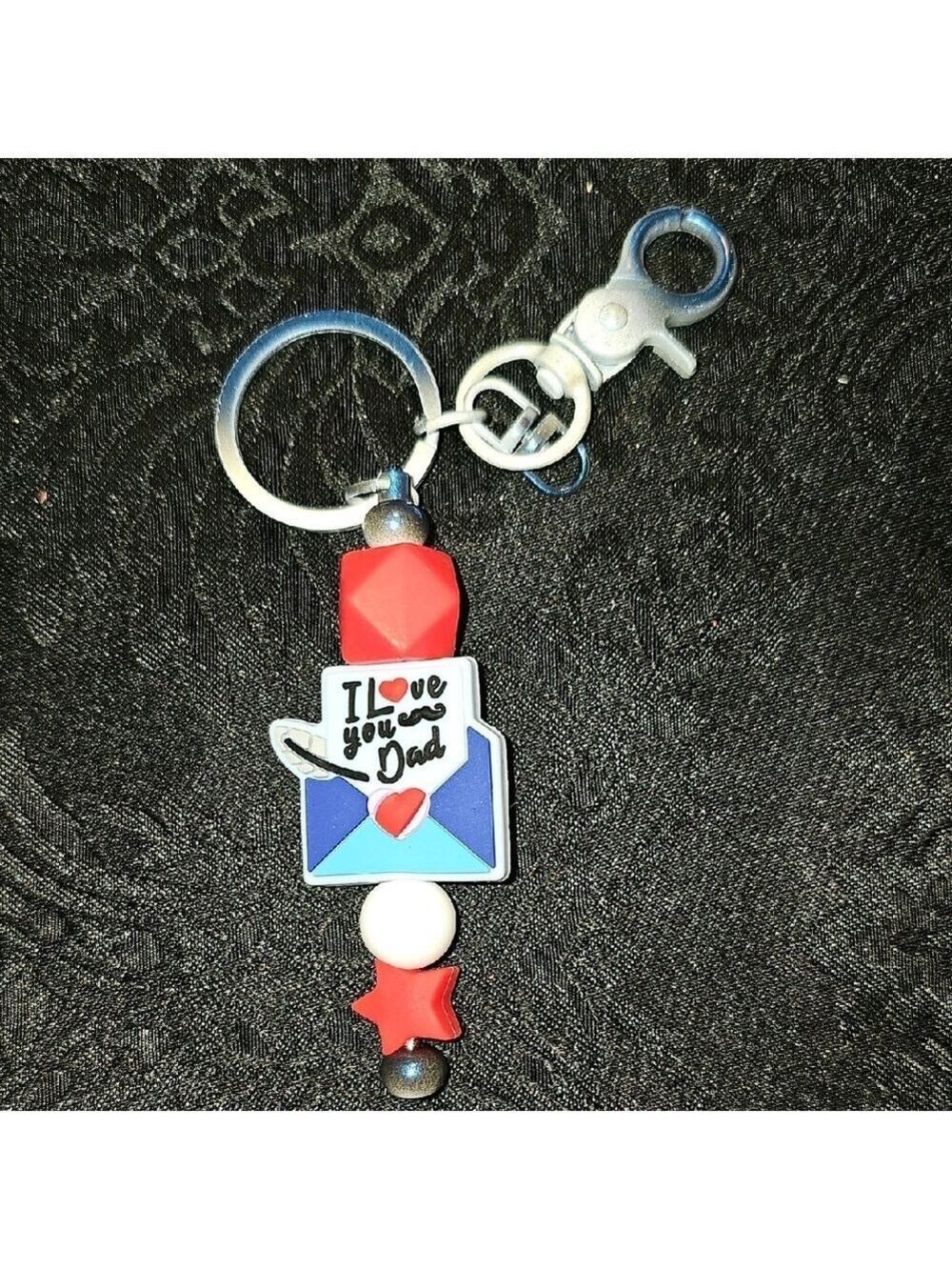 Handmade I Love You Dad Keychain with Red, Blue, and White Beads